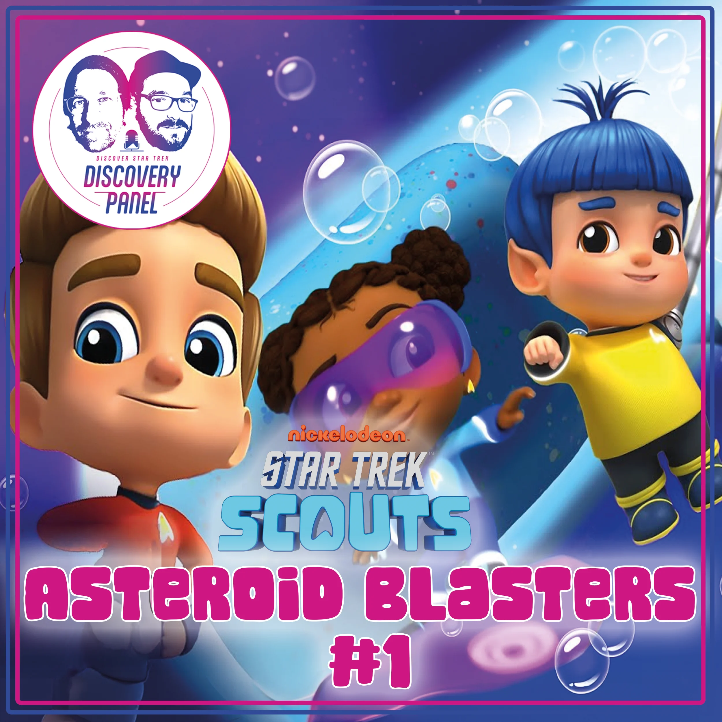 Drei cartoonhafte Charaktere in einem bunten, futuristischen Design für ein Spiel namens "Asteroid Blasters".