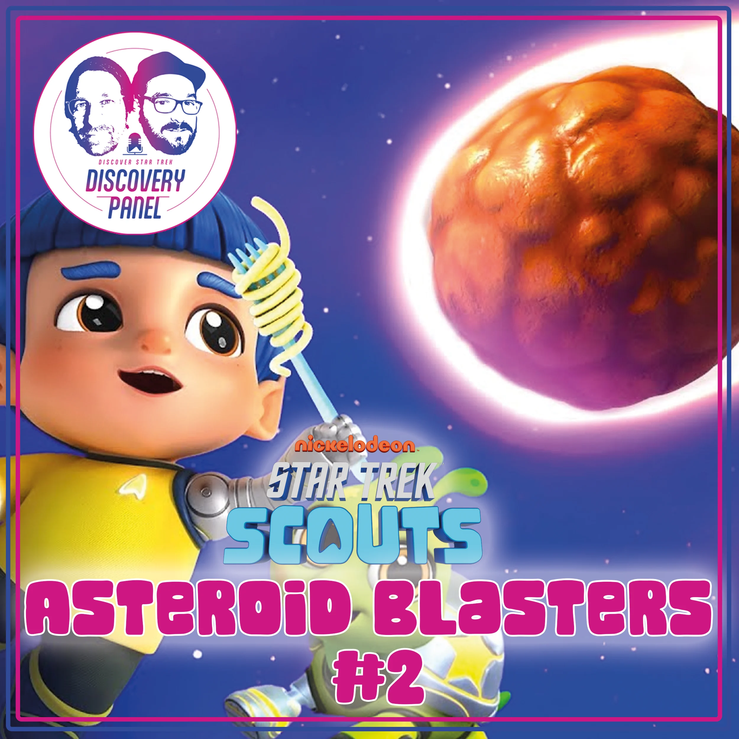Ein spielender Junge mit einem Weltraum-Accessoire und einer großen Asteroid-Darstellung im Hintergrund.