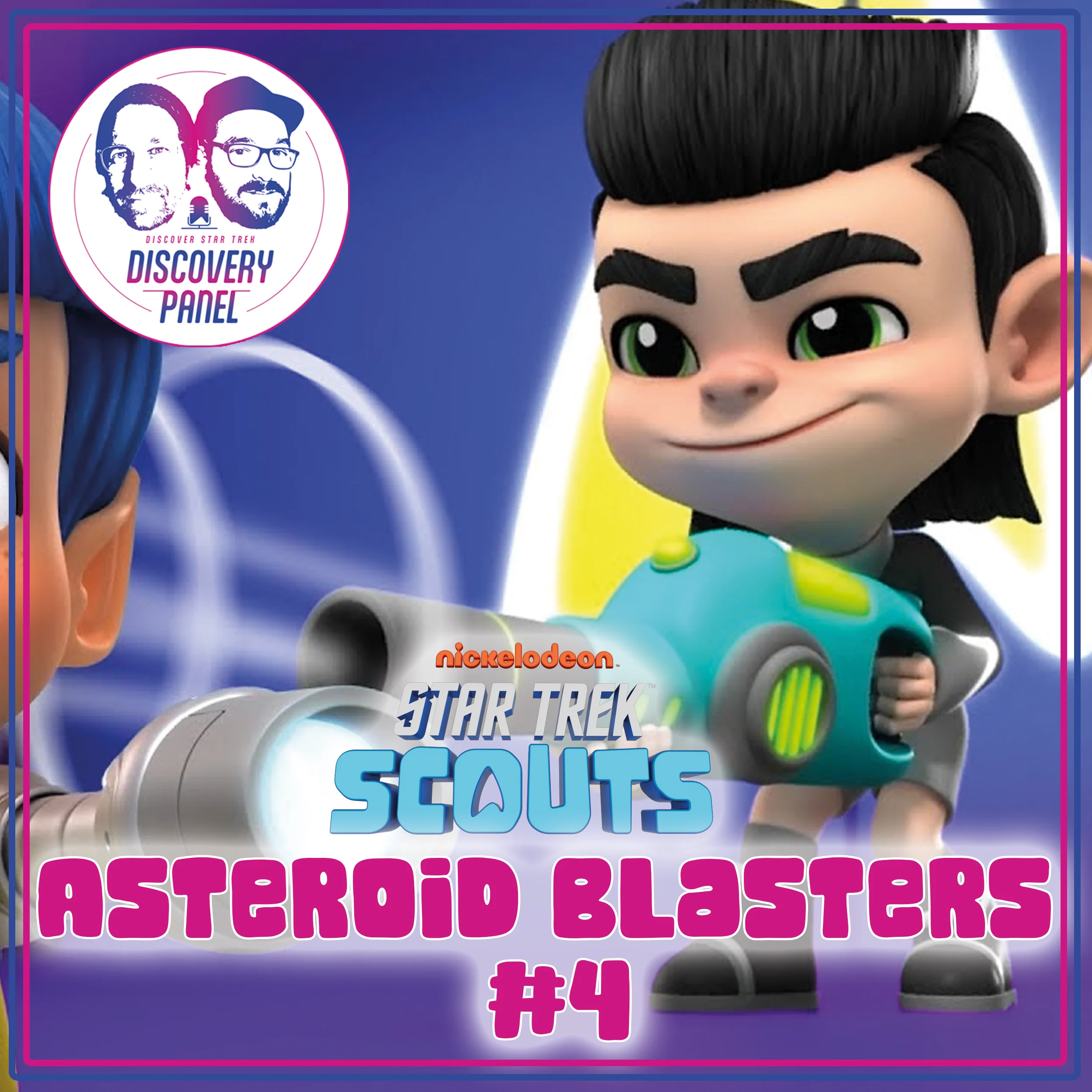 Ein animierter Charakter mit einer blauen Waffe, umgeben von bunten Grafiken und dem Titel "Asteroid Blasters #4".