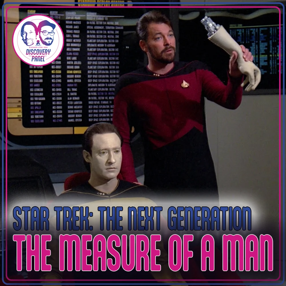 Szene aus Star Trek: The Next Generation, Riker zeigt Data einen kybernetischen Arm.