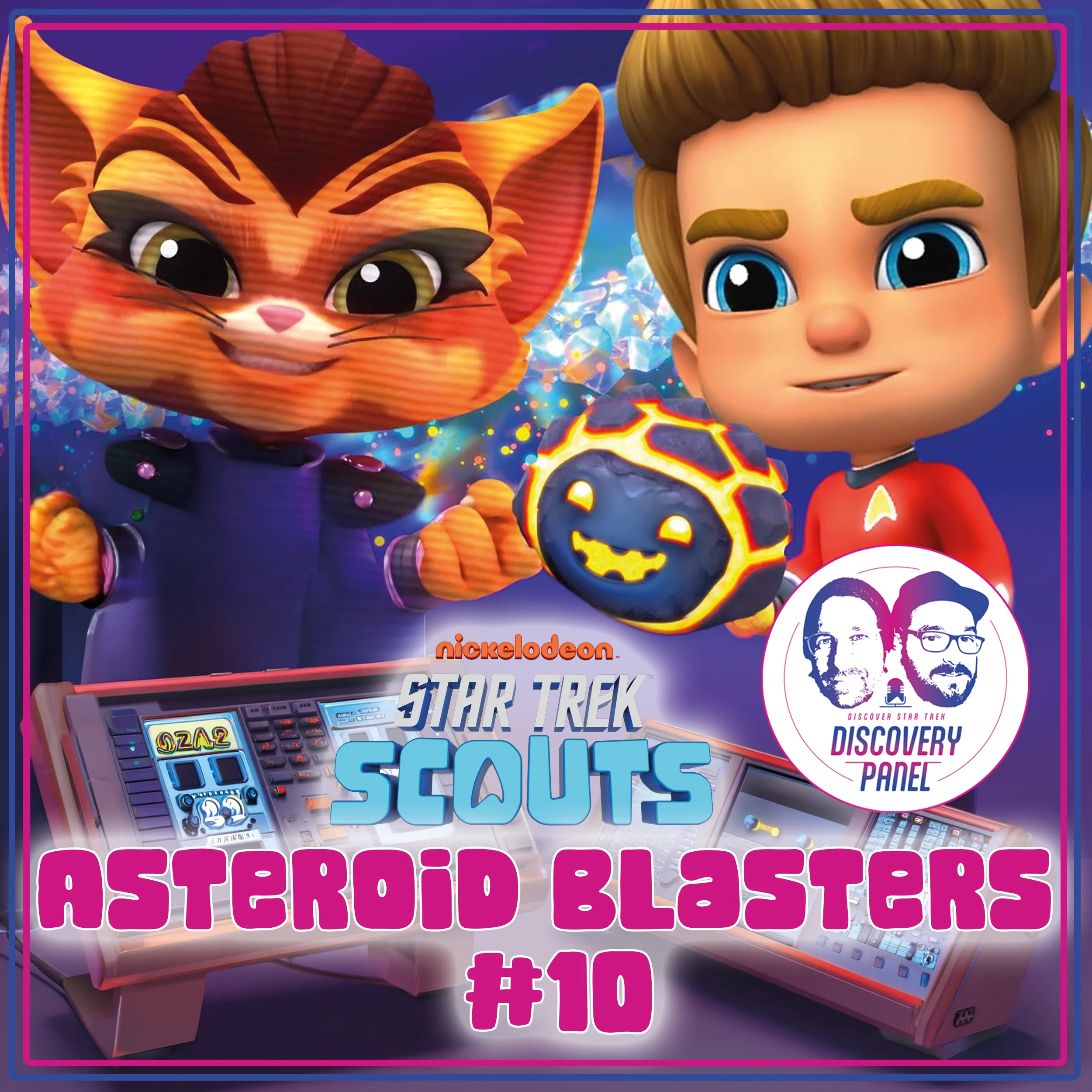 Das Bild zeigt zwei animierte Charaktere mit einem futuristischen Kontrollpanel und dem Titel "Asteroid Blasters #10".