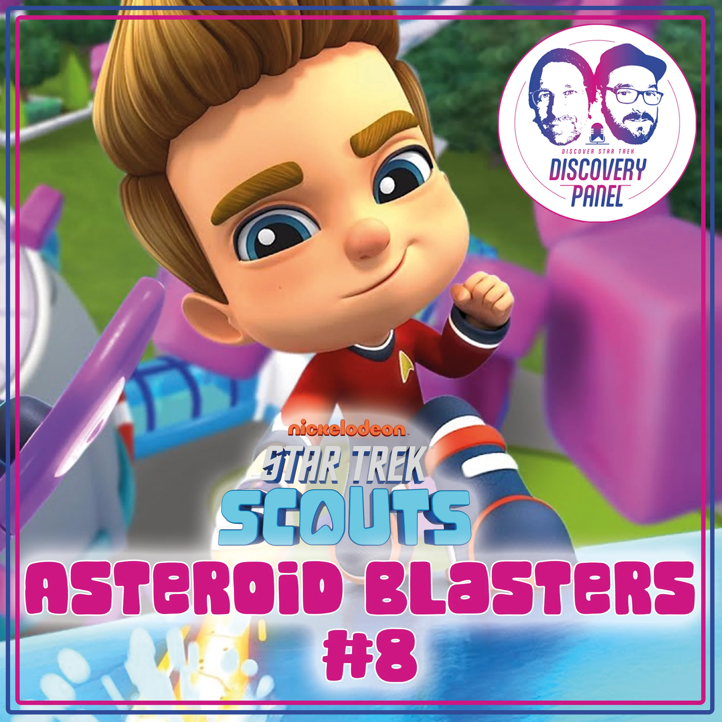 Ein animierter Charakter in einem Raumanzug, umgeben von bunten Objekten und dem Titel "Asteroid Blasters #8".