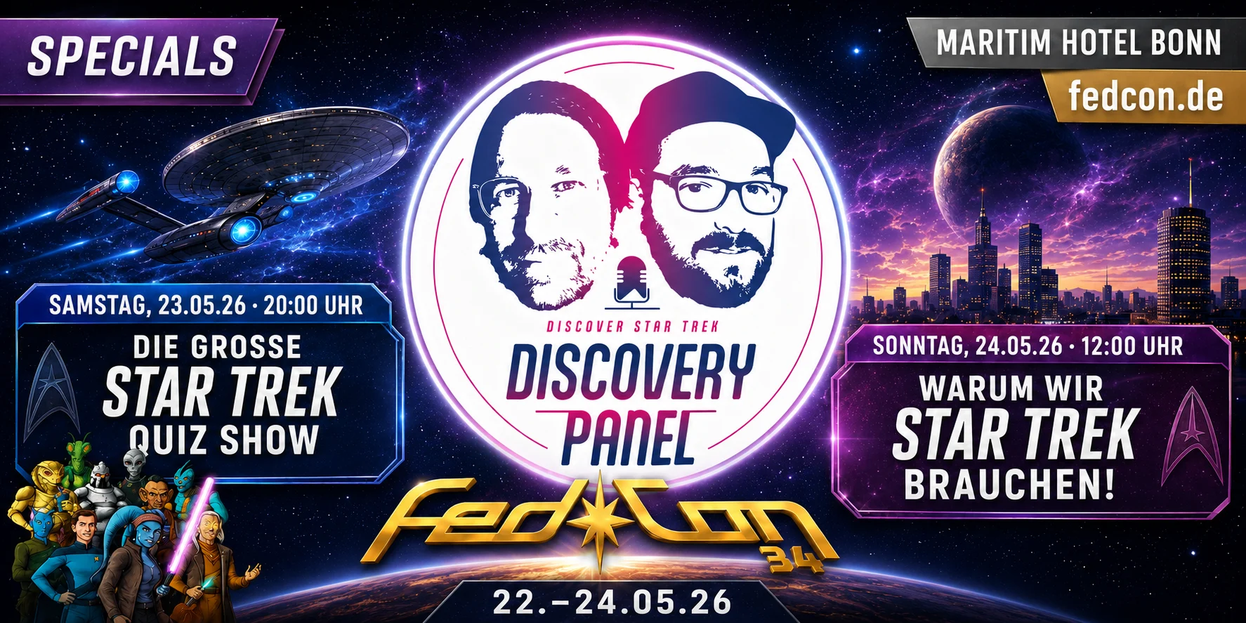 Plakat für FedCon 34 mit Informationen zu einer Star Trek Quiz Show und einem Discovery Panel.