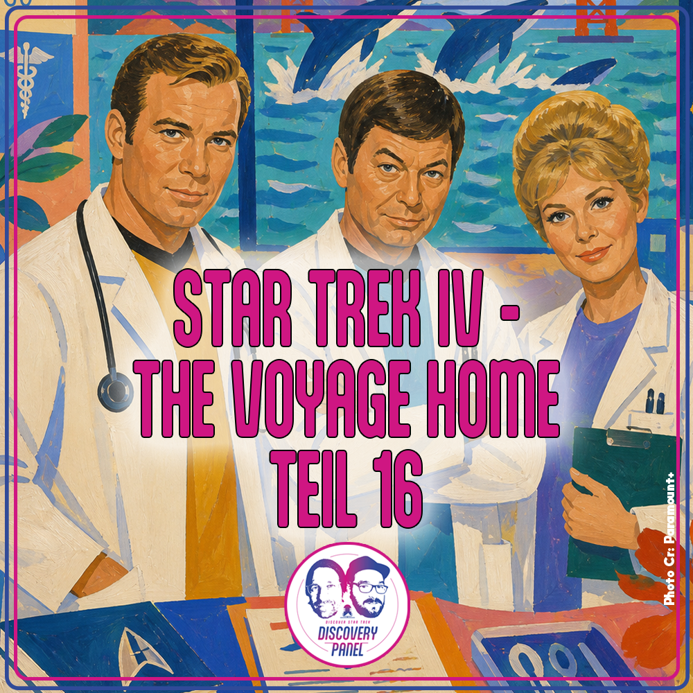 Illustration zu Star Trek IV - The Voyage Home Teil 16 mit Kirk, McCoy und Gillian Taylor als Ärzt:innen vor Golden Gate Bridge und springenden Walen