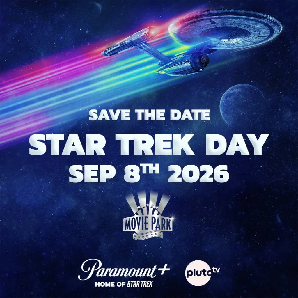 Save the Date für Star Trek Day am 8. September 2026, mit Darstellung des Raumschiffs Enterprise und bunten Lichtern.