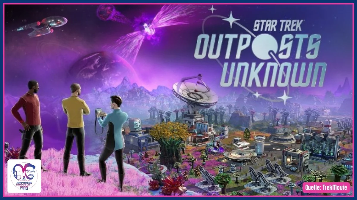 Drei Personen betrachten eine futuristische Landschaft mit Raumschiffen und Satelliten unter einem bunten Himmel.