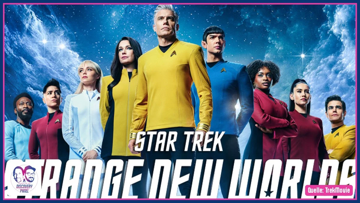 Ein Team von Raumfahrern in Starfleet-Uniformen steht vor einem Weltraum-Hintergrund.