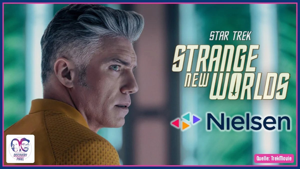 Person im gelben Sci-Fi-Outfit vor dem Schriftzug "Star Trek: Strange New Worlds" und dem Logo von Nielsen.