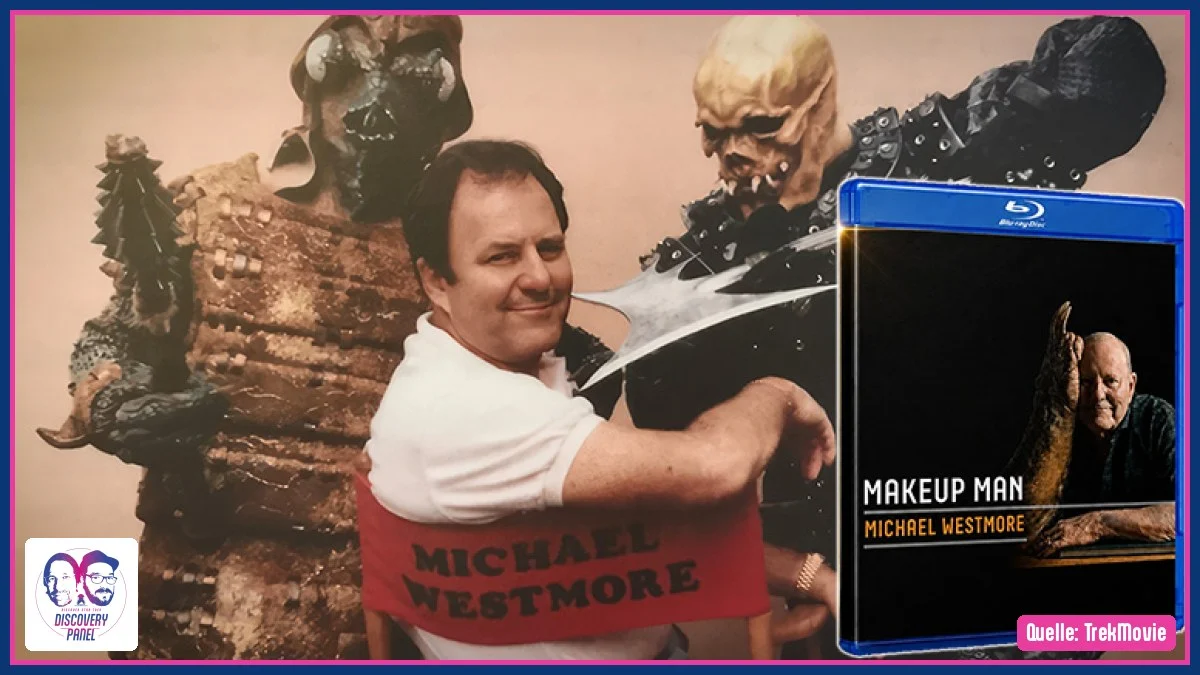 Michael Westmore posiert mit zwei Maskenbildner-Kreaturen, Blu-ray-Hülle von "Makeup Man" im Vordergrund.