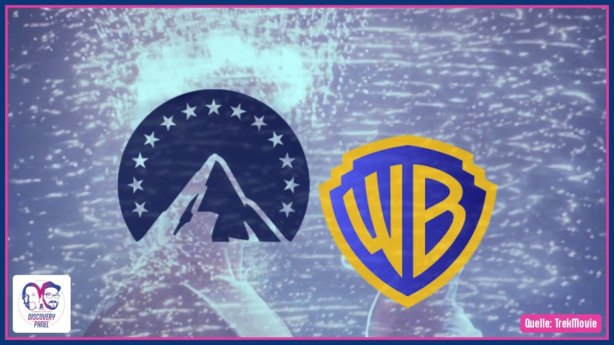 Zwei Filmstudios: Paramount-Logo links, Warner Bros.-Logo rechts, Hintergrund mit Wasserfall-Effekt.