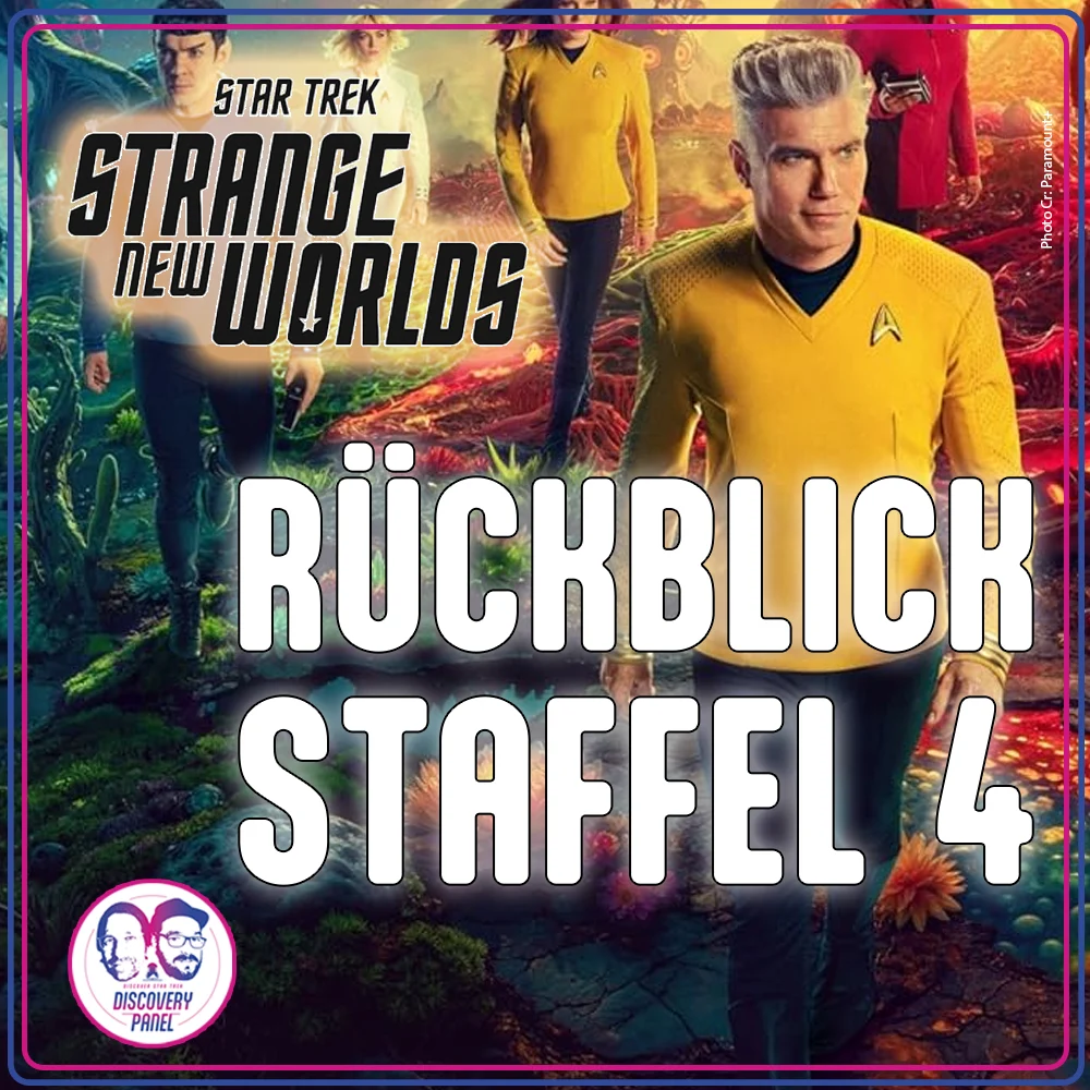 Rückblick auf Staffel 4 von Star Trek: Strange New Worlds mit Figuren in gelben Uniformen vor buntem Hintergrund.
