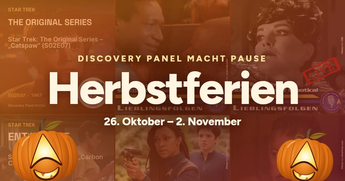 Herbstferien: neun Episodencover im Raster unter orangem Herbst-Overlay mit zwei Delta-Kürbissen