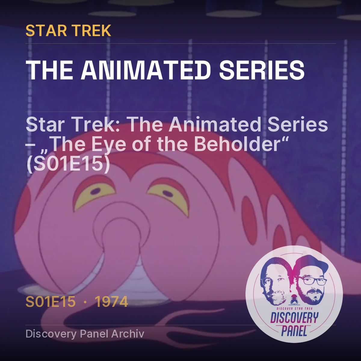Ein rotes, außergalaktisches Wesen mit Tentakeln in einem Raum voller Lichter, Bezug zur Serie Star Trek.