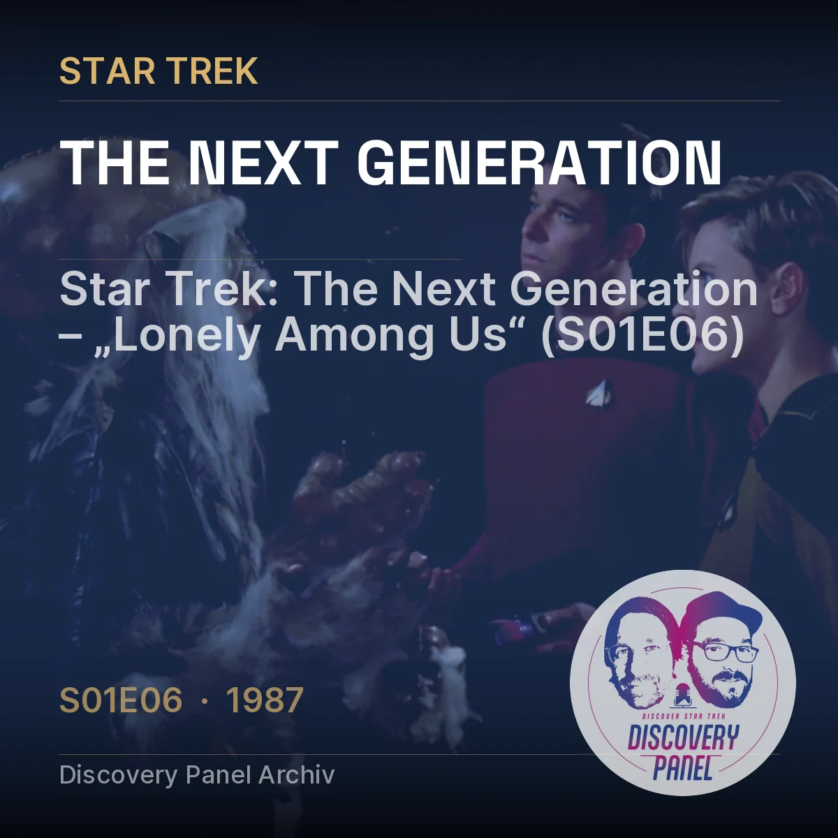Szene aus Star Trek: The Next Generation, Episode "Lonely Among Us" mit den Charakteren und einem Alien.