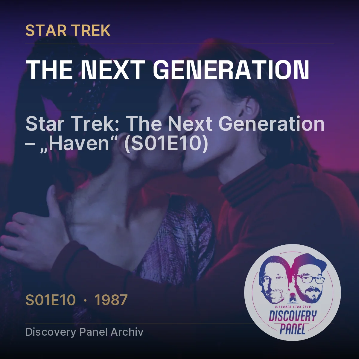 Zwei Personen küssen sich vor einem nebligen, lila Hintergrund, mit Text über Star Trek: The Next Generation.