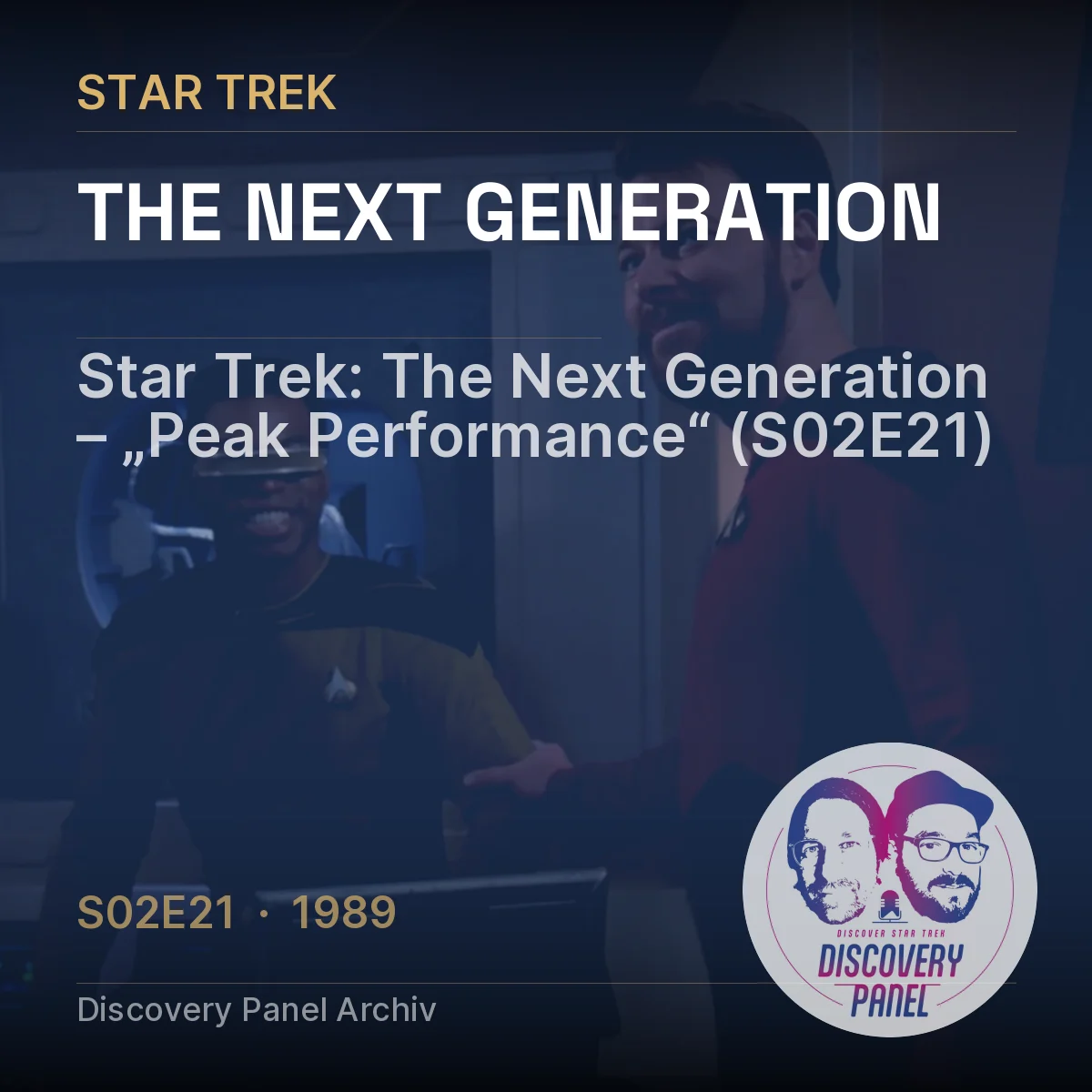 Szenenbild aus "Star Trek: The Next Generation" mit zwei Charakteren in einem Raum, Titel und Episodeninformation.