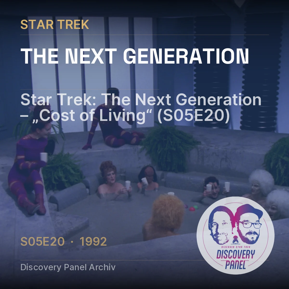Szenenbild aus Star Trek: The Next Generation mit Raumfahrtpersonal in einer futuristischen Umgebung.