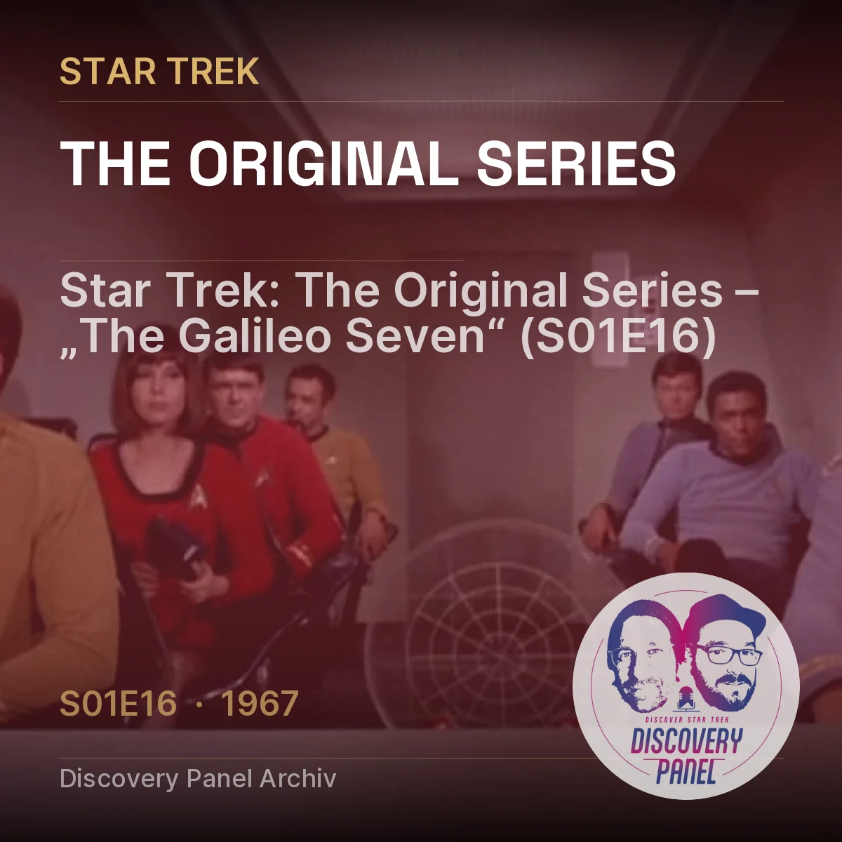 Menschen in Raumkleidung sitzen in einem Raum, mit dem Logo von „Star Trek: The Original Series“.