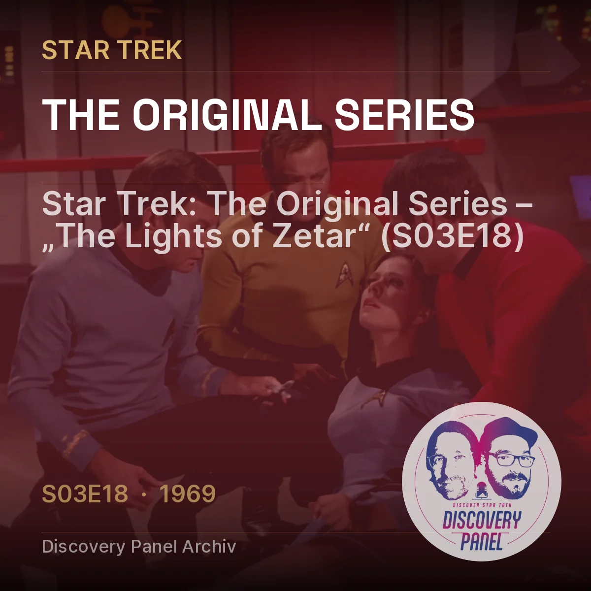 Star Trek: The Original Series Episode „The Lights of Zetar“ mit Charakteren und Logo des Discovery Panels.