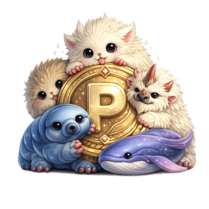 Flauschige, cartoonartige Tiere halten eine goldene Münze mit dem Buchstaben P in der Mitte.