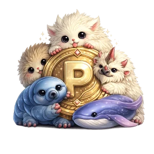 Flauschige, cartoonartige Tiere halten eine goldene M&uuml;nze mit dem Buchstaben P in der Mitte.