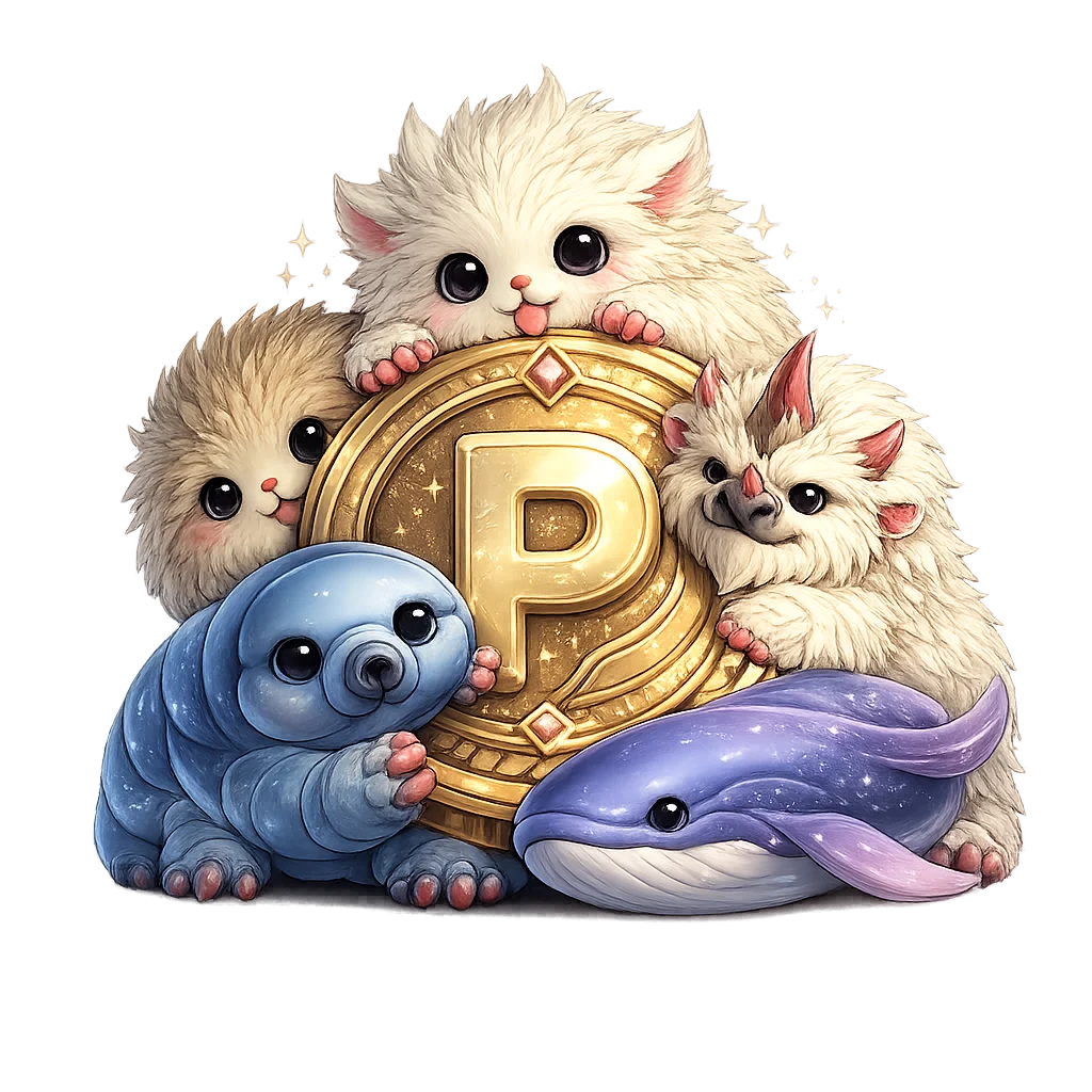 Flauschige, cartoonartige Tiere halten eine goldene Münze mit dem Buchstaben P in der Mitte.